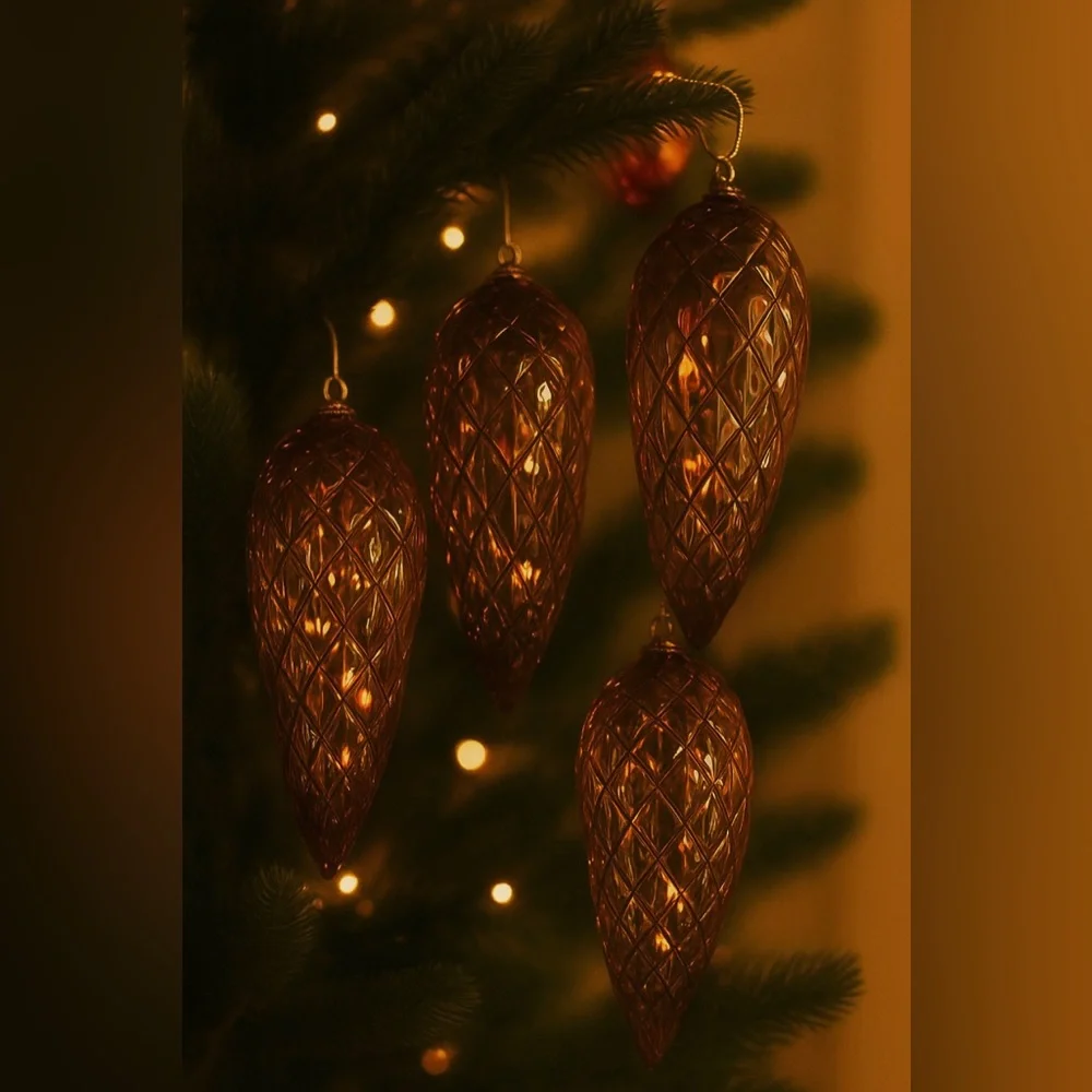 ▪️6 VINTAGE LARGE BLOWN BRONCE AMBER GLASS ORNAMENT PINE CONE